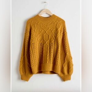 EUC & OTHER STORIES Floral Cable Knit Sweater W/ Balloon Sleeve M Mustard Yellow